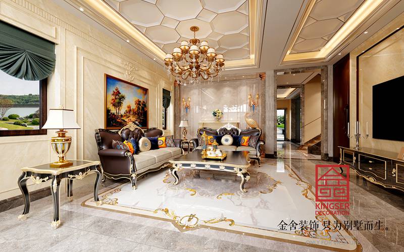 衡水漢王府別墅裝修現代法奢風(fēng)格客廳效果圖